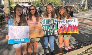 High school girls from Long Island, New York, join other youth climate activists in a demonstration calling for global action to combat climate change. (20 September 2019)