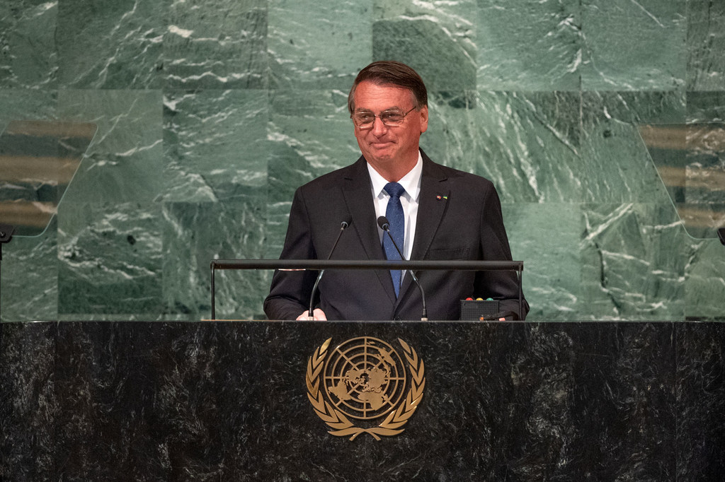 Presidente Jair Messias Bolsonaro do Brasil discursa no debate geral da 77ª sessão da Assembleia Geral da ONU