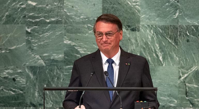 Presidente Jair Messias Bolsonaro do Brasil discursa no debate geral da 77ª sessão da Assembleia Geral da ONU