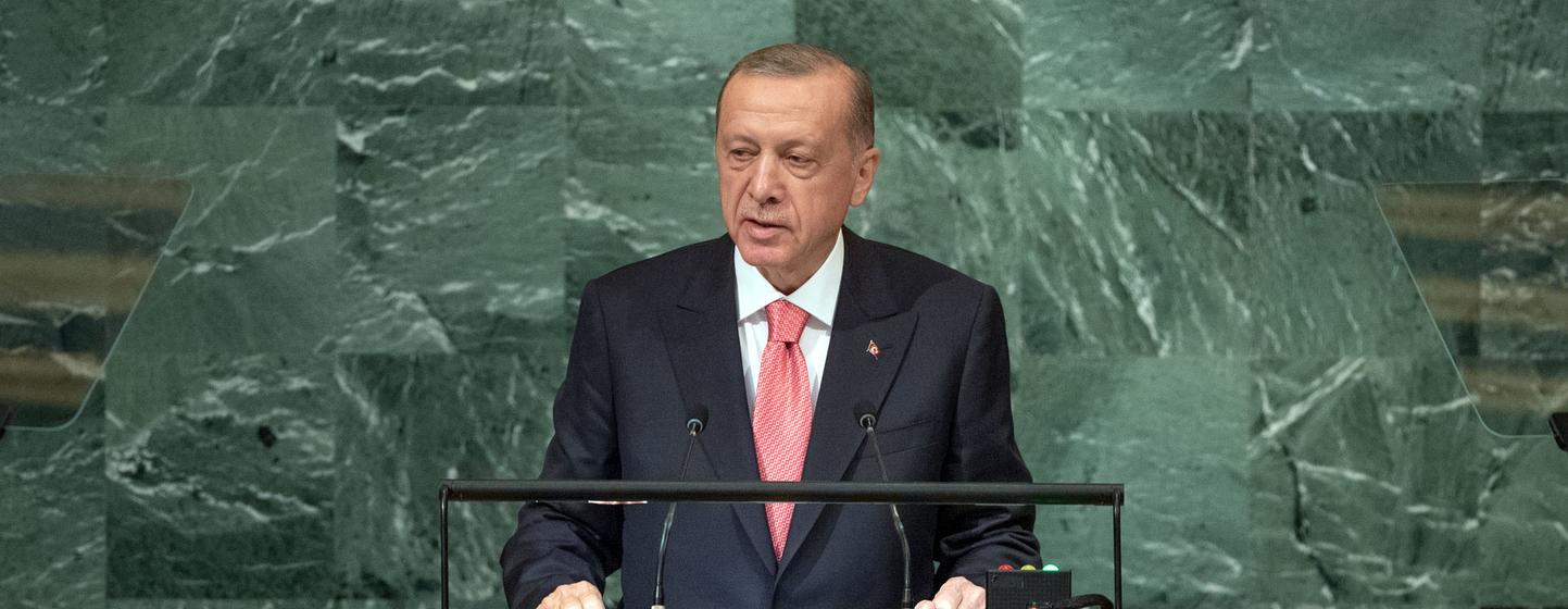 तुर्कीये के राष्ट्रपति रेचेप तैयप एरदोआन, महासभा के 77वें सत्र को सम्बोधित करते हुए. 