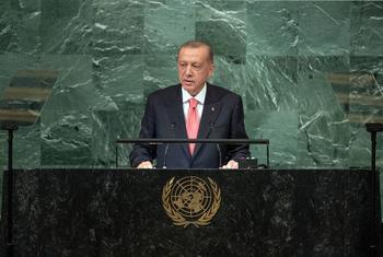الرئيس التركي، رجب طيب أردوغان خلال إلقاء كلمة بلاده في مداولات الجمعية العامة