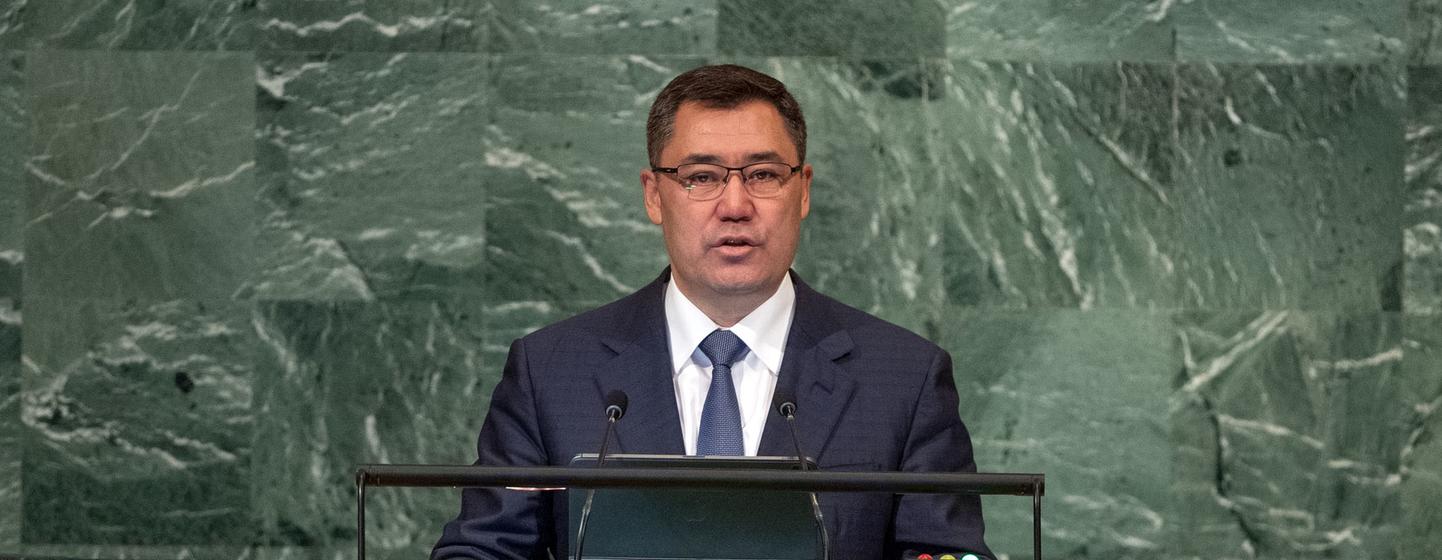 吉尔吉斯斯坦总统萨扎帕罗夫在联大一般性辩论上发言。