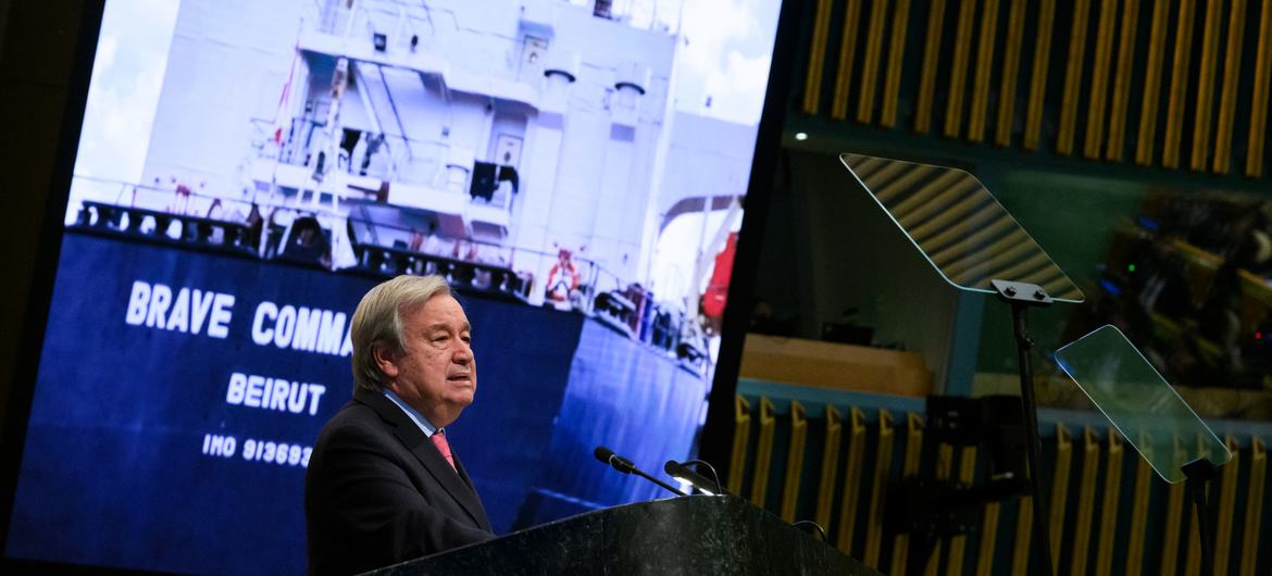 Secretary-General António Guterres (at podium) addresses the opening of seventy-seventh session of the UN General Assembly Debate.