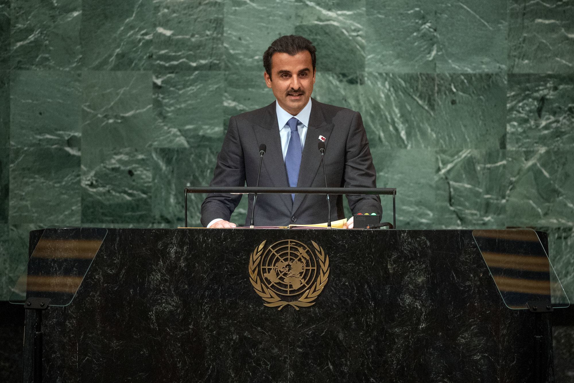 كلمة الشيخ تميم بن حمد آل ثاني أمير دولة قطر يلقي كلمة في المناقشة العامة للدورة السابعة والسبعين للجمعية العامة