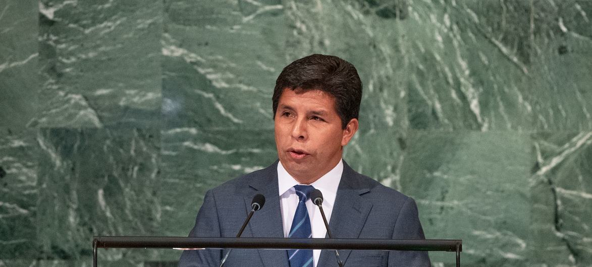 El Presidente de Perú, Pedro Castillo Terrones, interviene en el debate general de la septuagésima séptima sesión de la Asamblea General.
