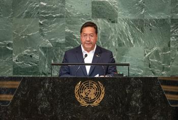 Luis Alberto Arce, presidente de Bolivia, en el podio de la Asamblea General