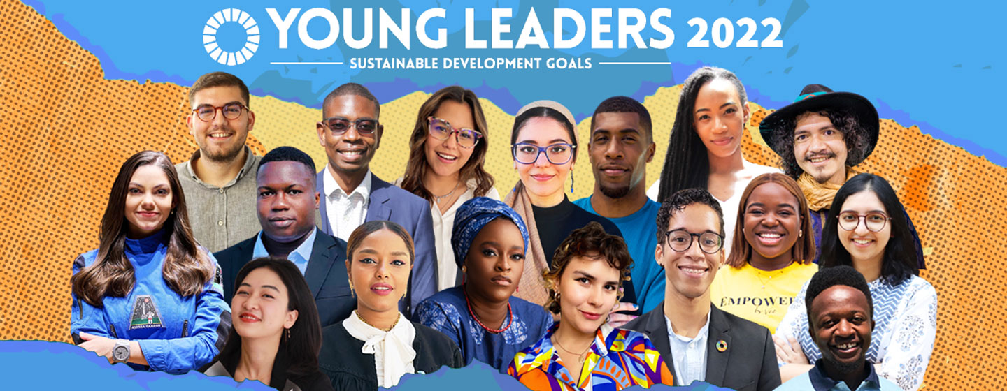 Collage of the 2022 cohort of the 17 Young Leaders for the Sustainable Development Goals.