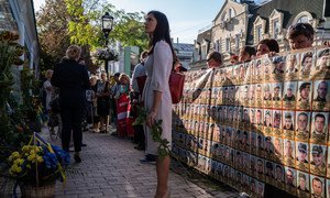 Halyna Yanchenko, one of Ukraine’s youngest MPs, looks at a memorial for those who died during fighting in the east of Ukraine.