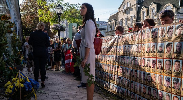 Halyna Yanchenko, one of Ukraine’s youngest MPs, looks at a memorial for those who died during fighting in the east of Ukraine.