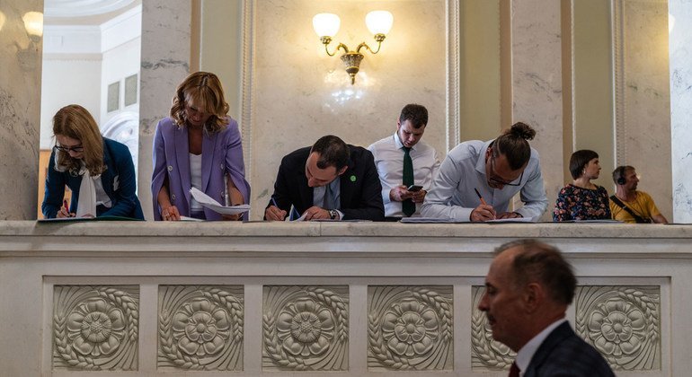 Lawmakers, MPs, and government officials amend bills during the newly-elected administration's first session of parliament in Kyiv, Ukraine in August, 2019.