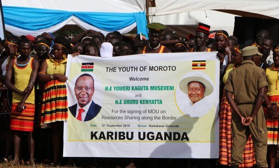 Young people in Moroto welcome the presidents of Uganda and Kenya.