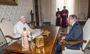 Secretary-General António Guterres (right) has an audience with Pope Francis at the Vatican in Rome.