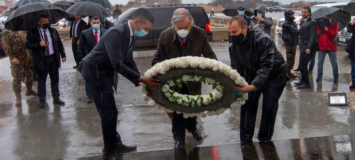 UN Secretary-General António Guterres (centre) lays a wreath in tribute to the victim’s of last year’s port explosion in Beirut, Lebanon, which took the lives of more than 200 people.