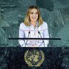 UNICEF Goodwill Ambassador Millie Bobby Brown speaks at the UN General Assembly on the occasion of the 30th anniversary of the adoption of the Convention on the Rights of the Child.
