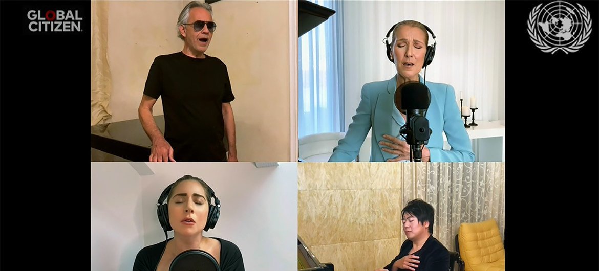 Lang Lang, Celine Dion, Lady Gaga e Andrea Bocelli cantam Prayer. Cerca de 39% de artistas encontraram uma alternativa nas plataformas de internet
