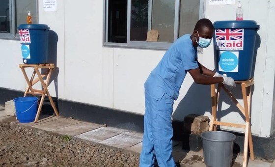 Handwashing facilities at the emergency treatment unit in Mchinji. They were installed with funding from UK Aid