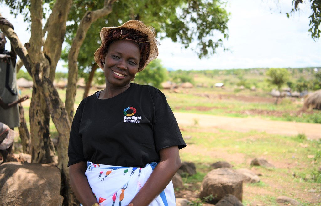 Rose Mary Tiep, beneficiaria de un programa de ayuda contra la violencia respaldado por la ONU, en el asentamiento de refugiados Omugo II, Uganda.