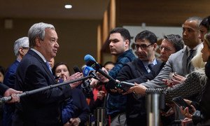 Secretary-General António Guterres (left) briefs reporters on the situation in Libya following UN Security Council consultations.