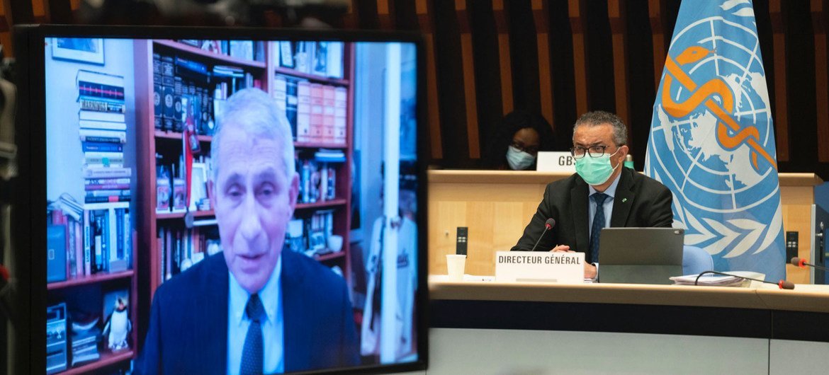 Dr. Anthony Fauci (on screen) and Dr. Tedros Adhanom Ghebreyesus at the WHO Executive Board Meeting.