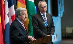Secretary-General António Guterres briefs reporters at UN Headquarters last February. Alongside him is UN Spokesperson, Stéphane Dujarric (file photo).
