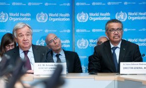 UN Secretary-General António Guterres (left) with WHO Director-General Tedros Adhanom Ghebreyesus listen to a briefing on the coronavirus at the Strategic Health Operations Centre (SHOC) in Geneva. (file)