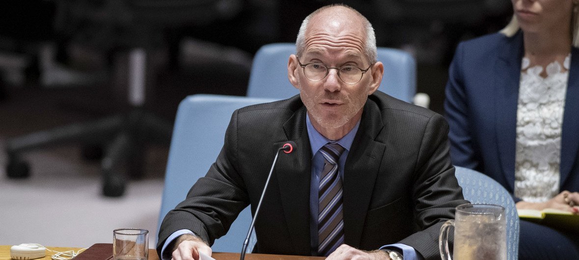 The Special Representative of the UN Secretary-General and Head of the United Nations Assistance Mission in Somalia (UNSOM)  addresses the Security Council on 21 August 2019.