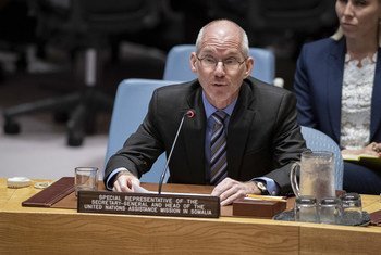 The Special Representative of the UN Secretary-General and Head of the United Nations Assistance Mission in Somalia (UNSOM)  addresses the Security Council on 21 August 2019.