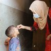 تقدم حسنة غول، العاملة في منظمة اليونيسف في باكستان، لقاح شلل الأطفال الفموي لطفل صغير.