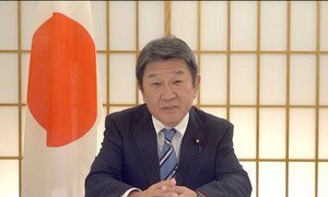 日本外务大臣茂木敏充在联合国成立75周年纪念大会上发表视频致辞。