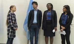 Greta Thunberg junto a otros tres activistas contra el cambio climático en la sede de la ONU en Nueva York.