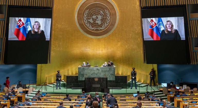 Zuzana Čaputová, President of the Slovak Republic, addresses the 67th session of the UN General Assembly in a pre-recorded speech.