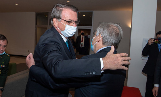 UN Secretary-General António Guterres (right) greets Jair Bolsonaro, the President of Brazil.  
