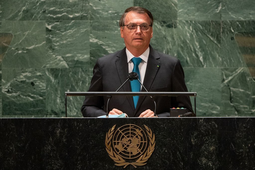 巴西总统博索纳罗在第76届联大一般性辩论中发表致辞。