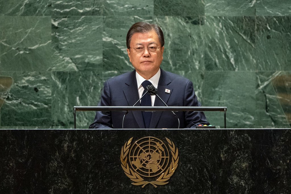 南韩总统文在寅在第76届联大一般性辩论中发表致辞。