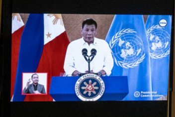 President Rodrigo Roa Duterte (on screens) of the Philippines addresses the general debate of the UN General Assembly’s 76th session.