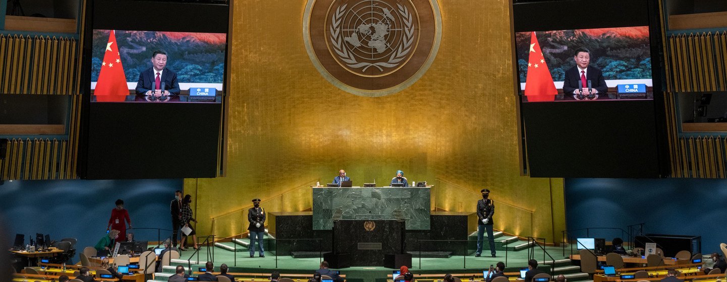 President Xi Jinping (on screens) of China addresses the general debate of the UN General Assembly’s 76th session.