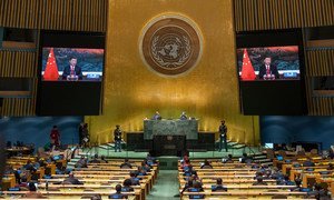 President Xi Jinping (on screens) of China addresses the general debate of the UN General Assembly’s 76th session.