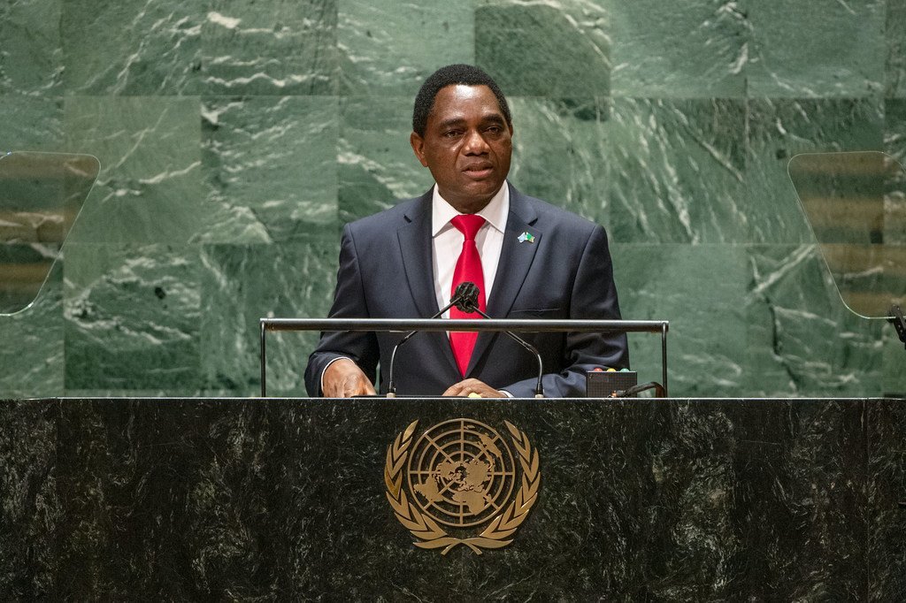 Rais Hakainde Hichilema wa Zambia akihutubia mjadala mkuu wa Baraza Kuu la Umoja wa Mataifa, UNGA76