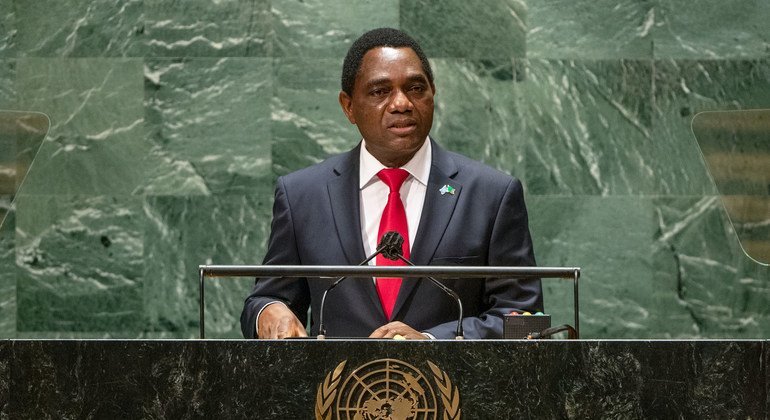 Rais Hakainde Hichilema wa Zambia akihutubia mjadala mkuu wa Baraza Kuu la Umoja wa Mataifa, UNGA76
