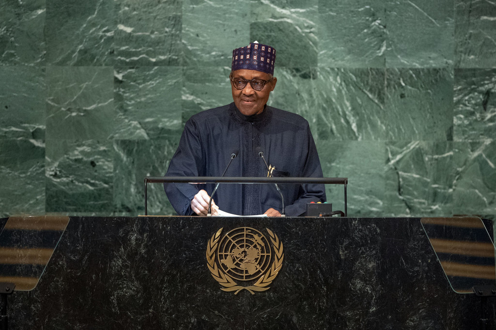 Rais Muhammadu Buhari wa Nigeria akihutubia Mjadala Mkuu wa Mkutano wa 77 wa Baraza Kuu la UN Septemba 2022