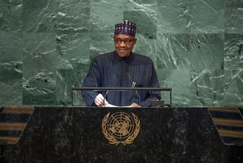 Rais Muhammadu Buhari wa Nigeria akihutubia Mjadala Mkuu wa Mkutano wa 77 wa Baraza Kuu la UN Septemba 2022