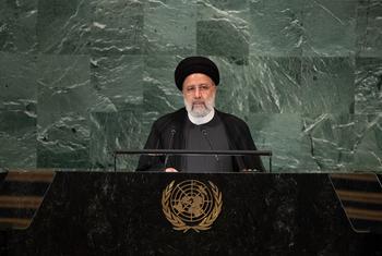 ईरान के राष्ट्रपति सैयद इब्राहीम रईसी, यूएन महासभा के 77वें सत्र की उच्च स्तरीय जनरल डिबेट को सम्बोधित करते हुए. (21 सितम्बर 2022)