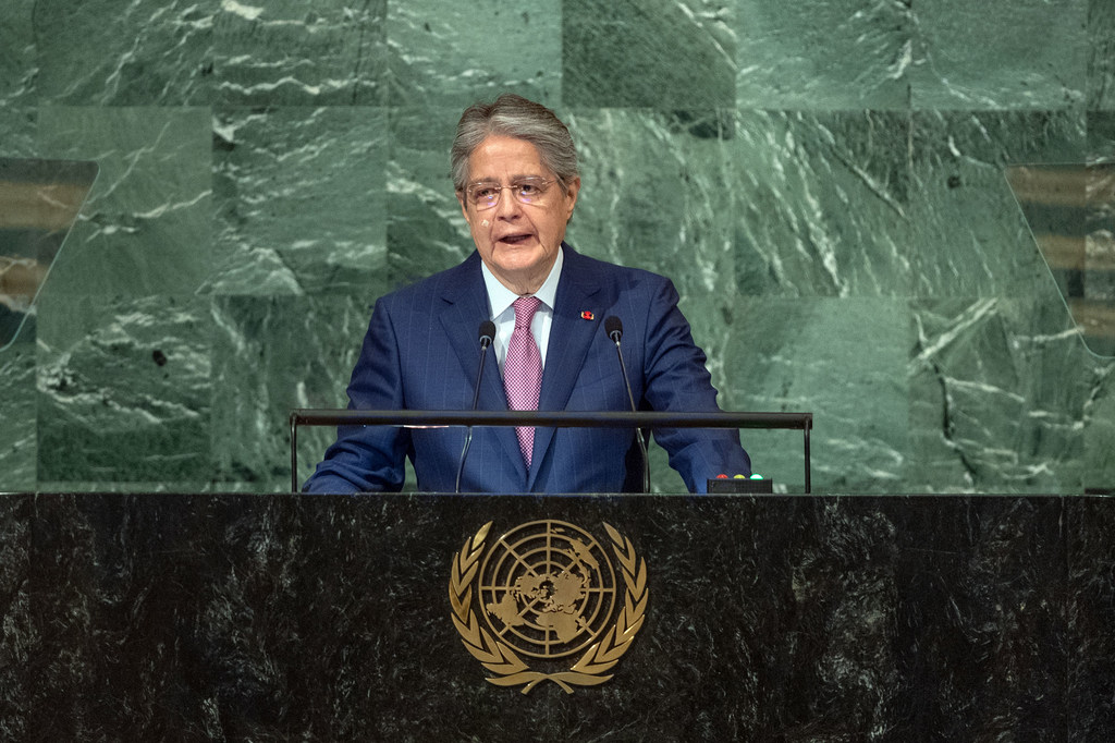 El presidente constitucional de Ecuador, Guillermo Lasso Mendoza, interviene en el debate general de la septuagésima séptima sesión de la Asamblea General.