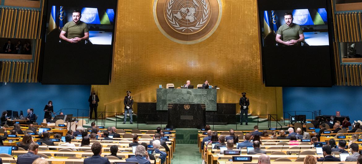 President Volodymyr Zelenskyy (on screen) of Ukraine addresses the general debate of the General Assembly’s seventy-seventh session.