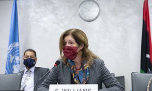 La cheffe de la Mission d'appui des Nations Unies pour la Libye, Stephanie Williams, lors d'une session de la Commission militaire mixte libyyenne le 19 octobre 2020.
