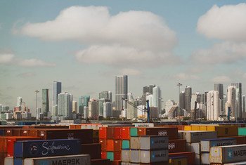 Shipping containers at a port in Miami, USA. 