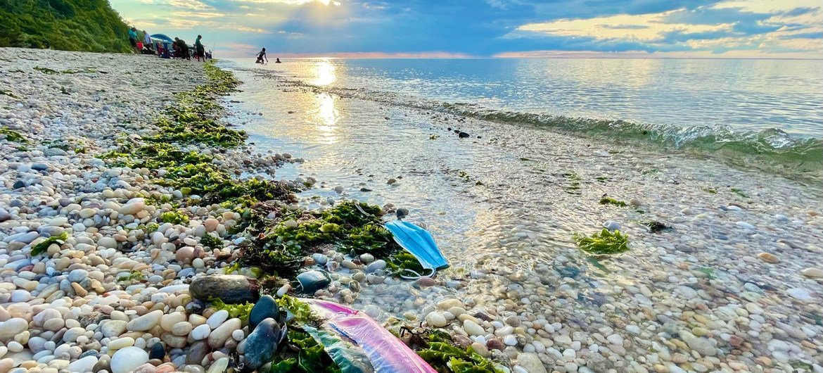 Une plage polluée par des ordures rejetées par l'océan.