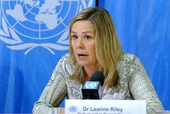Dr. Leanne Riley, study co-author from WHO’s department of non-communicable diseases, briefs journalists in Geneva.