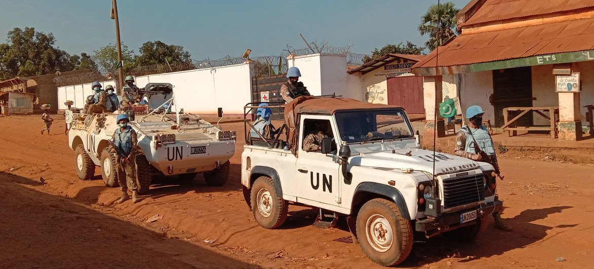 UN peacekeepers from Pakistan patrol the town of Kaga Bandoro in the Central African Republic.  