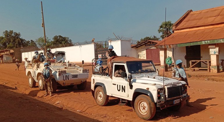 UN peacekeepers from Pakistan patrol the town of Kaga Bandoro in the Central African Republic.  